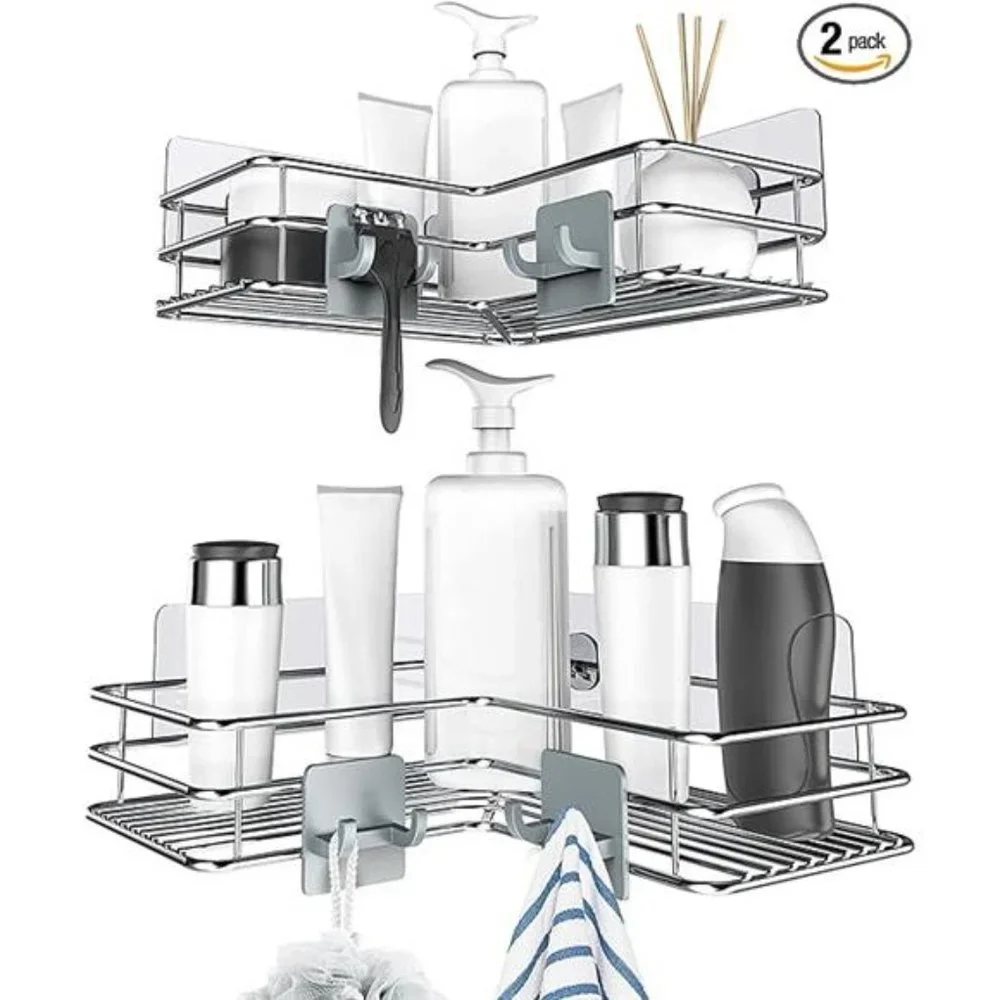 Adhesive Corner Shower Caddy Shelf Basket Rack with Hooks,Rust Proof Shelf